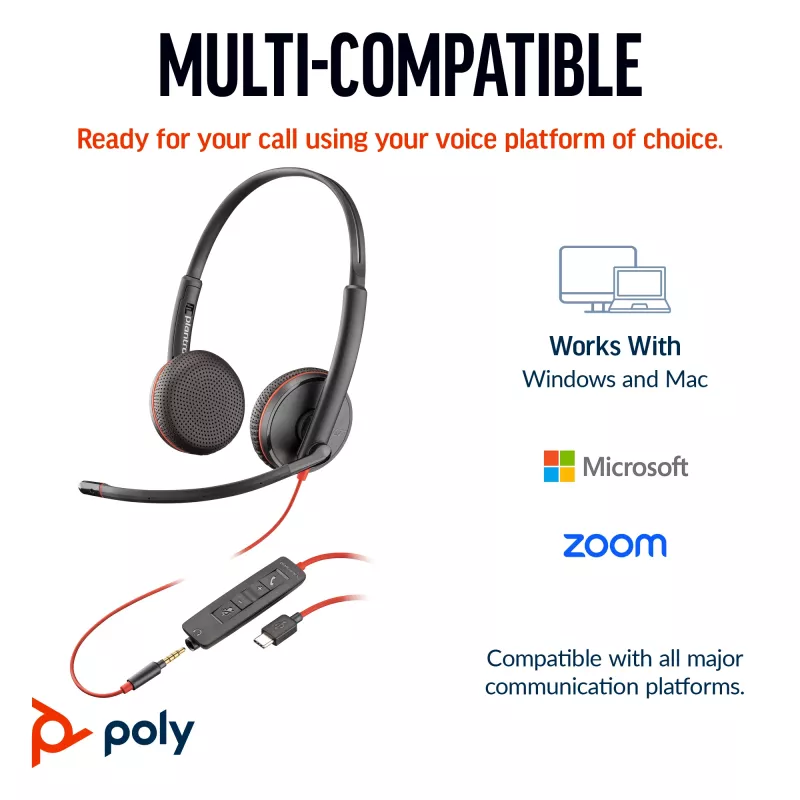 HP Poly Blackwire 3225 Stereo USB-C Austiņas + 3.5mm Ligzda + USB-C/A Adapter (Bez iepakojuma)