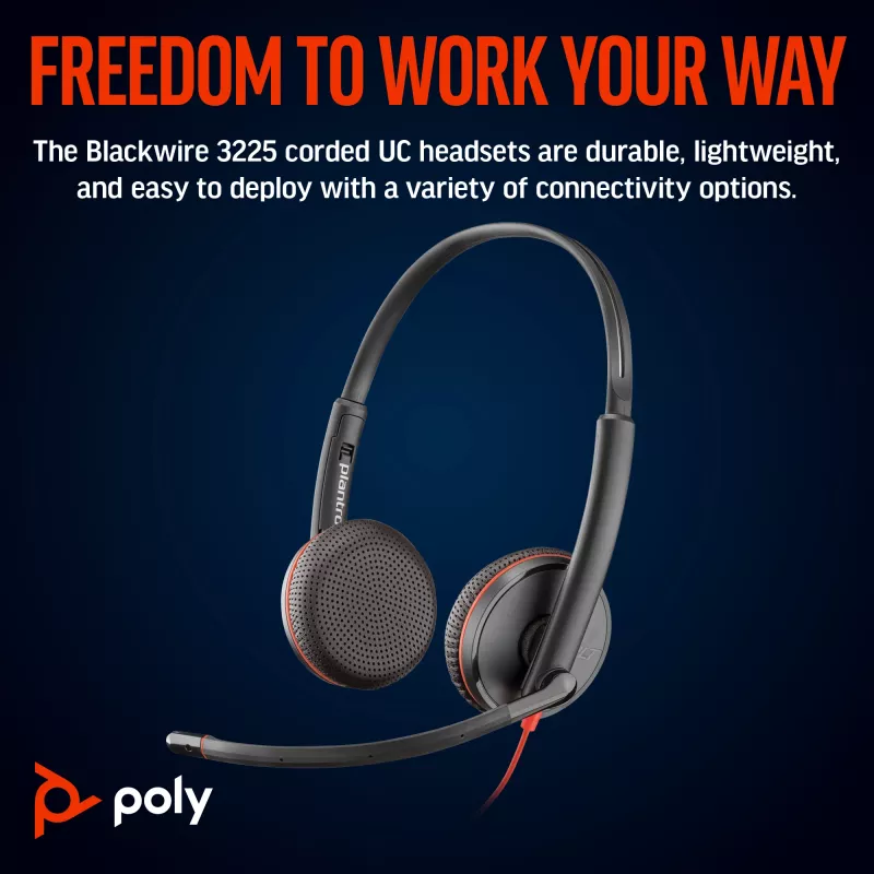 HP Poly Blackwire 3225 Stereo USB-C Austiņas + 3.5mm Ligzda + USB-C/A Adapter (Bez iepakojuma)
