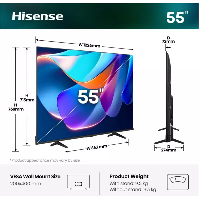 TV Hisense 55A6S 55 collas (139,7 cm) QLED 4K Ultra HD Smart TV ar DVB-T2/C/S2, Wi‑Fi, Direct‑LED — Melns