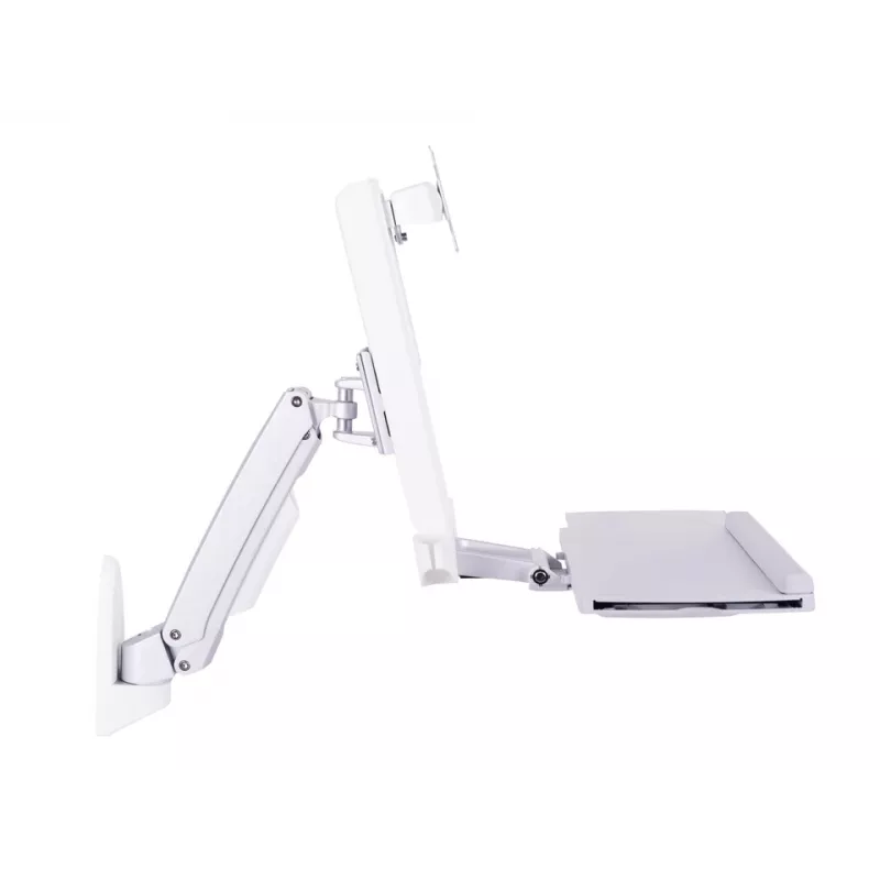 Darba stacijas roka MULTIBRACKETS M Workstation Arm Single — atbalsta 15 inch–27 inch, max slodze 11.5 kg, augstuma regulēšana 0–124 mm, tastatūras laukums 449×207 mm, balta