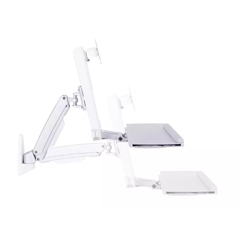 Darba stacijas roka MULTIBRACKETS M Workstation Arm Single — atbalsta 15 inch–27 inch, max slodze 11.5 kg, augstuma regulēšana 0–124 mm, tastatūras laukums 449×207 mm, balta