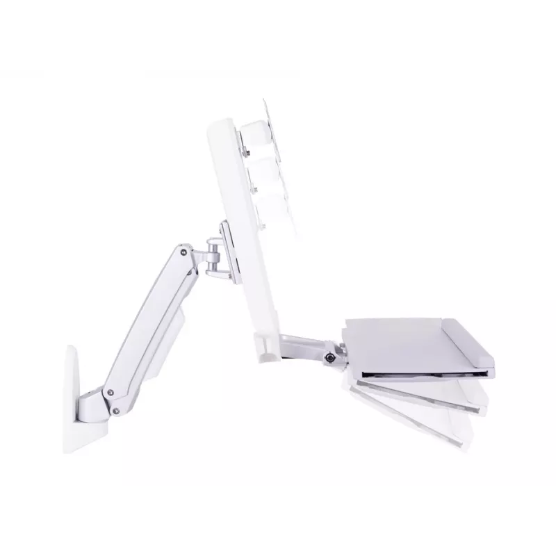 Darba stacijas roka MULTIBRACKETS M Workstation Arm Single — atbalsta 15 inch–27 inch, max slodze 11.5 kg, augstuma regulēšana 0–124 mm, tastatūras laukums 449×207 mm, balta