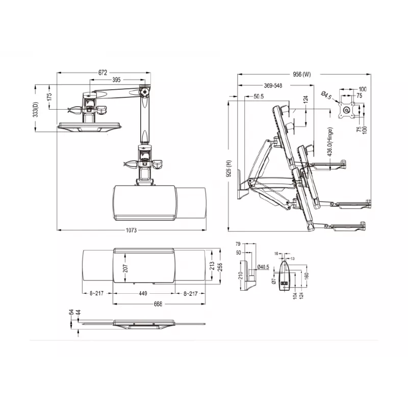 Darba stacijas roka MULTIBRACKETS M Workstation Arm Single — atbalsta 15 inch–27 inch, max slodze 11.5 kg, augstuma regulēšana 0–124 mm, tastatūras laukums 449×207 mm, balta