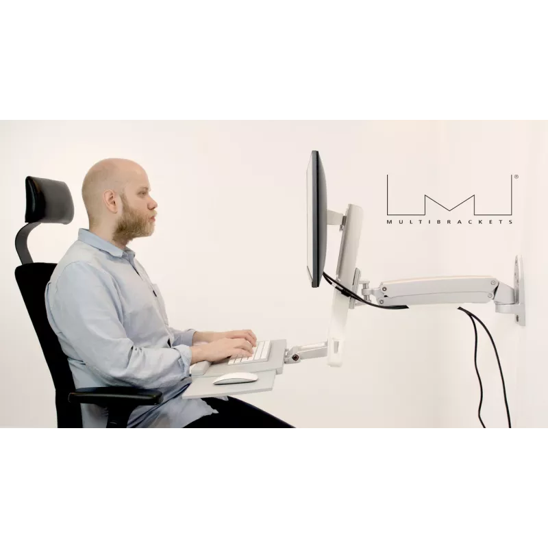 Darba stacijas roka MULTIBRACKETS M Workstation Arm Single — atbalsta 15 inch–27 inch, max slodze 11.5 kg, augstuma regulēšana 0–124 mm, tastatūras laukums 449×207 mm, balta