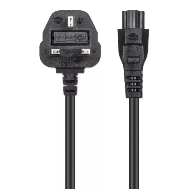 Manhattan Mains strāvas vads, UK 3-pin spraudnis uz C5 sievišķo (trīslapu), 1.8m, 16A, Mūža garantija