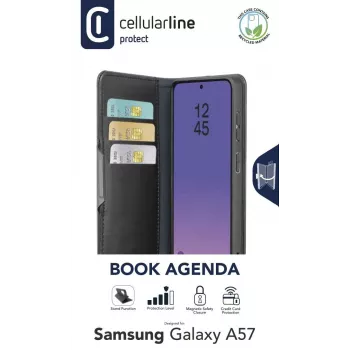 Cellularline Book Agenda 2 - Galaxy A57 grāmatveida maciņš ar magnētisko aizdari, statīva funkciju un RFID/NFC aizsardzību