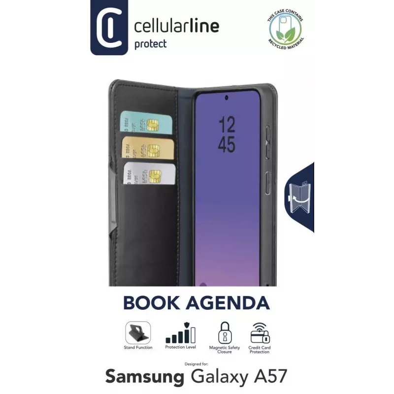 Cellularline Book Agenda 2 - Galaxy A57 grāmatveida maciņš ar magnētisko aizdari, statīva funkciju un RFID/NFC aizsardzību