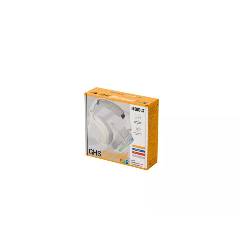 Glorious Gaming Glorious GHS Eternal RGB - Stereo RGB spēļu austiņas PC, PS5, PS4, Switch - pielāgoti leņķa draiveri, regulējams kristāldzidrs noņemams mikrofons, USB-C - izturīgas, visu dienu/nakti ērtas - Baltas