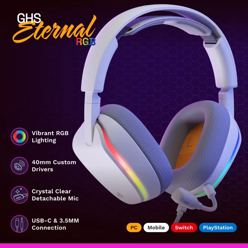 Glorious Gaming Glorious GHS Eternal RGB - Stereo RGB spēļu austiņas PC, PS5, PS4, Switch - pielāgoti leņķa draiveri, regulējams kristāldzidrs noņemams mikrofons, USB-C - izturīgas, visu dienu/nakti ērtas - Baltas