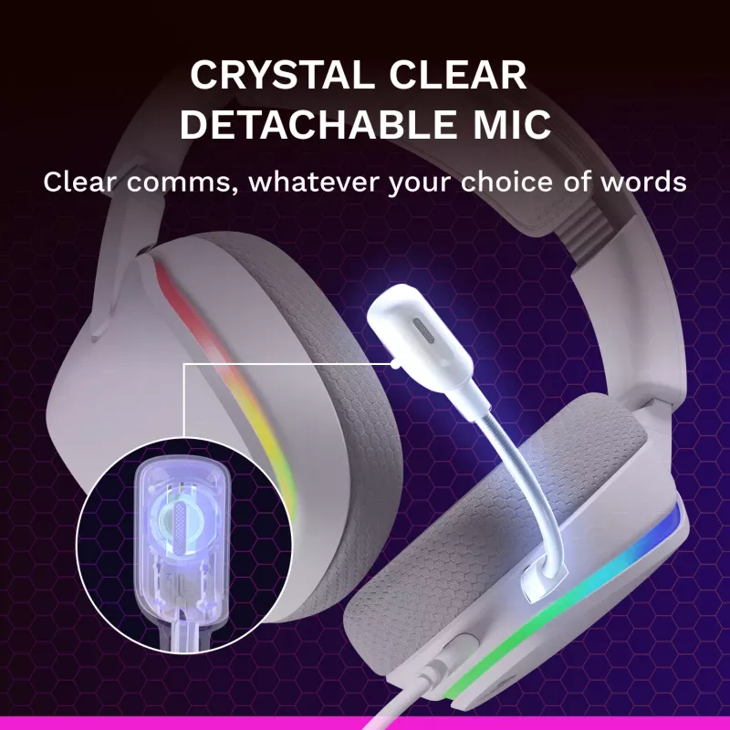 Glorious Gaming Glorious GHS Eternal RGB - Stereo RGB spēļu austiņas PC, PS5, PS4, Switch - pielāgoti leņķa draiveri, regulējams kristāldzidrs noņemams mikrofons, USB-C - izturīgas, visu dienu/nakti ērtas - Baltas