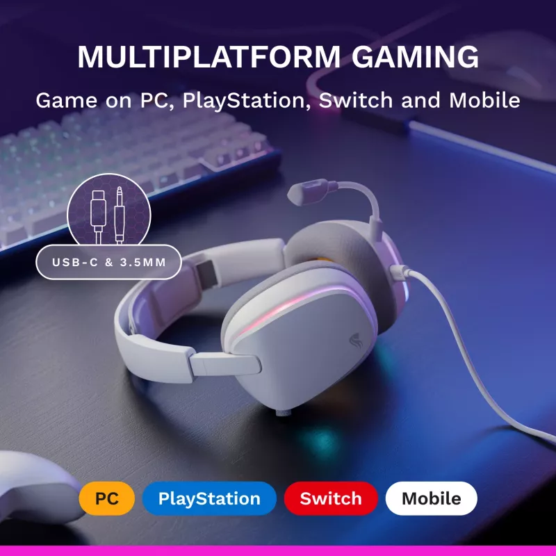 Glorious Gaming Glorious GHS Eternal RGB - Stereo RGB spēļu austiņas PC, PS5, PS4, Switch - pielāgoti leņķa draiveri, regulējams kristāldzidrs noņemams mikrofons, USB-C - izturīgas, visu dienu/nakti ērtas - Baltas