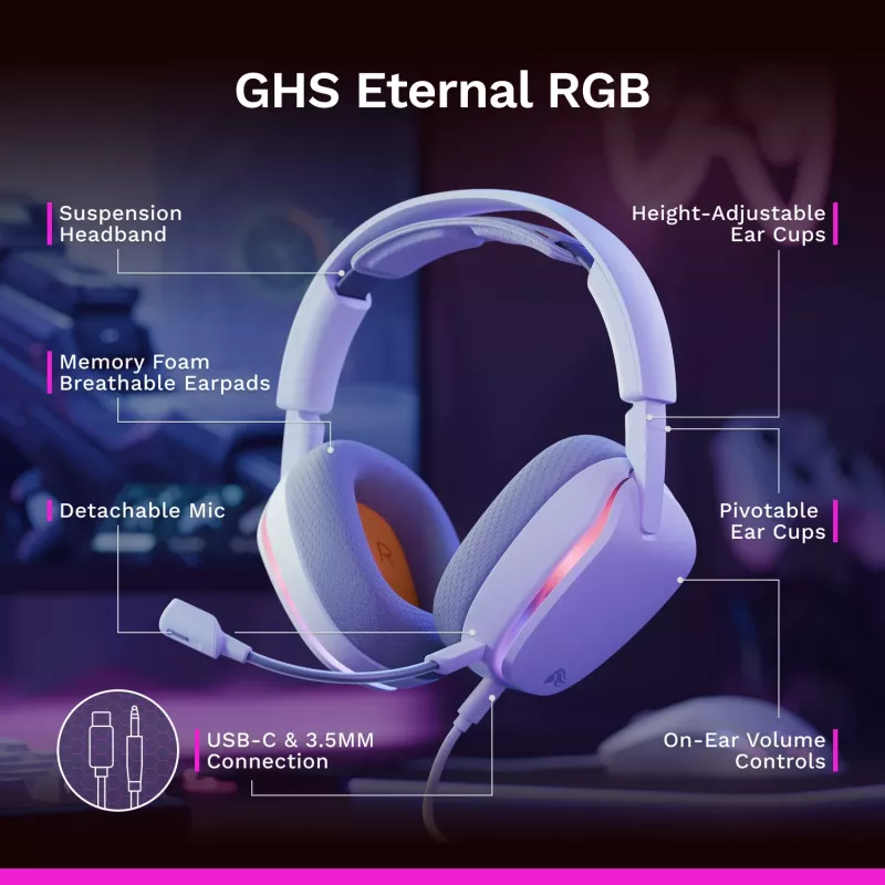 Glorious Gaming Glorious GHS Eternal RGB - Stereo RGB spēļu austiņas PC, PS5, PS4, Switch - pielāgoti leņķa draiveri, regulējams kristāldzidrs noņemams mikrofons, USB-C - izturīgas, visu dienu/nakti ērtas - Baltas
