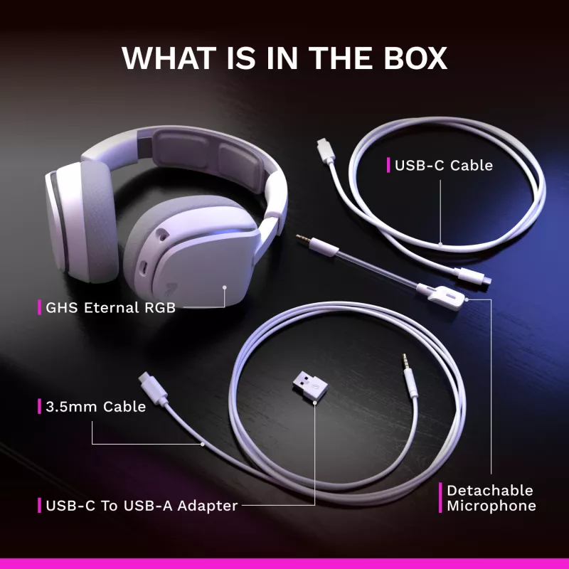 Glorious Gaming Glorious GHS Eternal RGB - Stereo RGB spēļu austiņas PC, PS5, PS4, Switch - pielāgoti leņķa draiveri, regulējams kristāldzidrs noņemams mikrofons, USB-C - izturīgas, visu dienu/nakti ērtas - Baltas