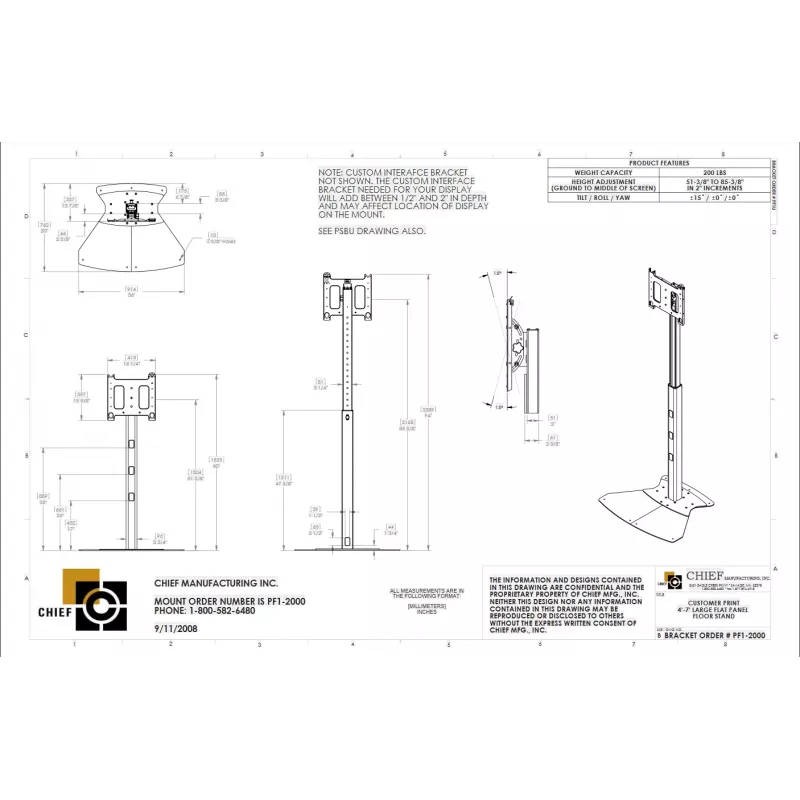 Chief PF1UB monitora statīvs / grīdas statīvs 190.5 cm (75 collas) Melns