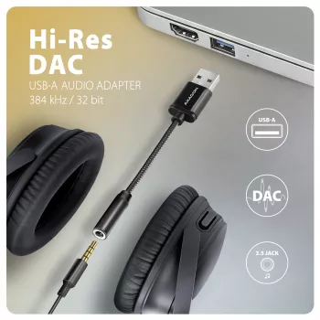 Axagon ADA-HA USB-A uz 3.5 mm ligzdu Hi-Res DAC Audio Adapteris, 384kHz/32bit, Stereo