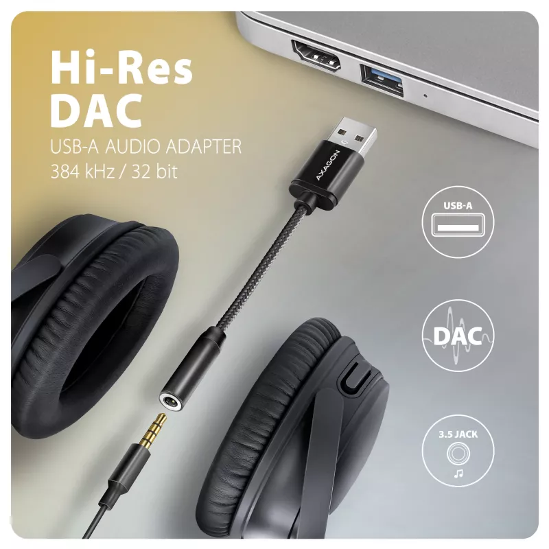Axagon ADA-HA USB-A uz 3.5 mm ligzdu Hi-Res DAC Audio Adapteris, 384kHz/32bit, Stereo