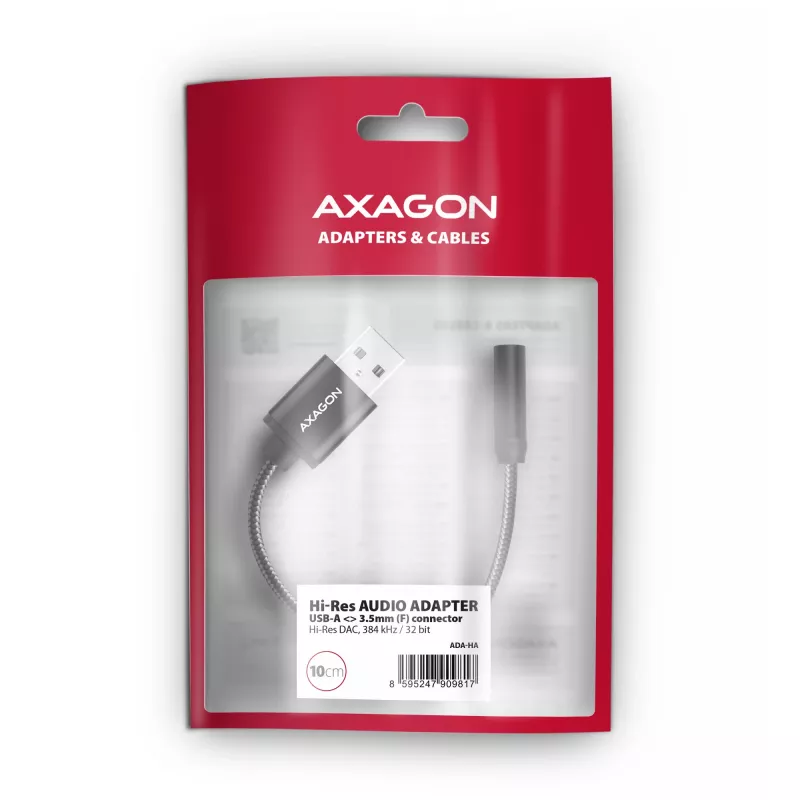 Axagon ADA-HA USB-A uz 3.5 mm ligzdu Hi-Res DAC Audio Adapteris, 384kHz/32bit, Stereo