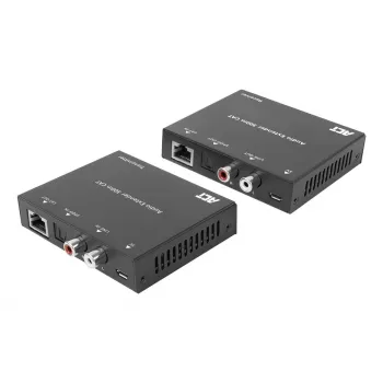 Audio pagarinātāju komplekts ACT AC7710 — digitālais/analogais pa Cat5e/Cat6 ar DAC, TOSLINK I/O, līdz 300 m, 5V USB barošana