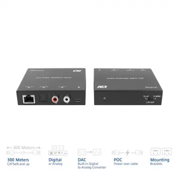 Audio pagarinātāju komplekts ACT AC7710 — digitālais/analogais pa Cat5e/Cat6 ar DAC, TOSLINK I/O, līdz 300 m, 5V USB barošana
