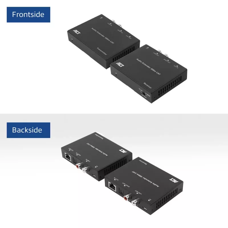 Audio pagarinātāju komplekts ACT AC7710 — digitālais/analogais pa Cat5e/Cat6 ar DAC, TOSLINK I/O, līdz 300 m, 5V USB barošana