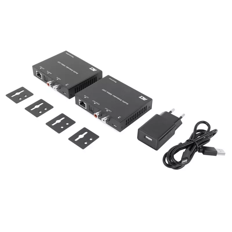 Audio pagarinātāju komplekts ACT AC7710 — digitālais/analogais pa Cat5e/Cat6 ar DAC, TOSLINK I/O, līdz 300 m, 5V USB barošana