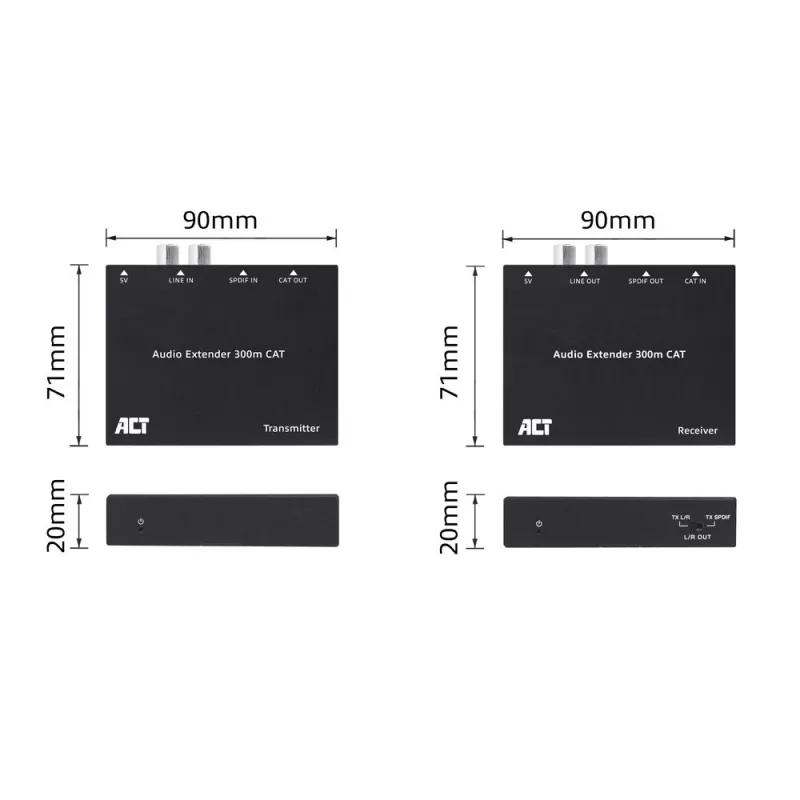 Audio pagarinātāju komplekts ACT AC7710 — digitālais/analogais pa Cat5e/Cat6 ar DAC, TOSLINK I/O, līdz 300 m, 5V USB barošana
