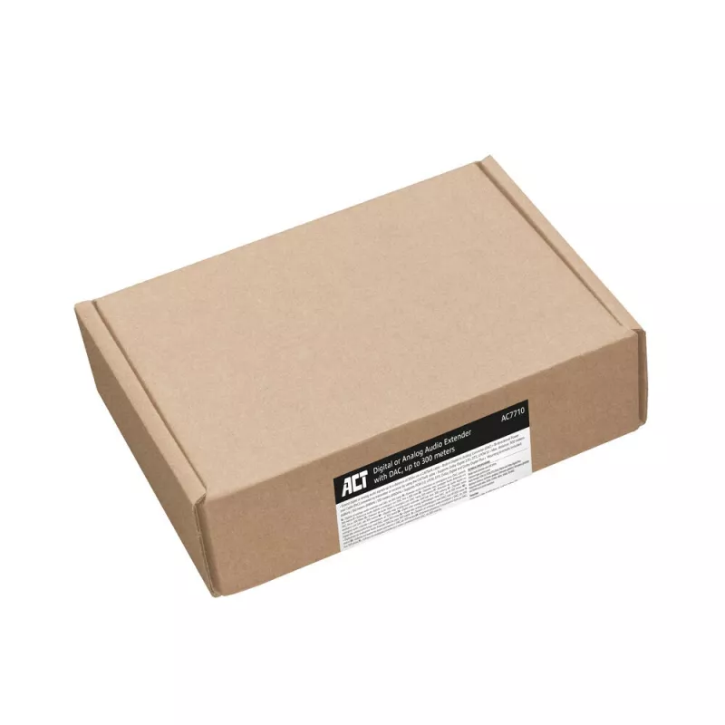 Audio pagarinātāju komplekts ACT AC7710 — digitālais/analogais pa Cat5e/Cat6 ar DAC, TOSLINK I/O, līdz 300 m, 5V USB barošana