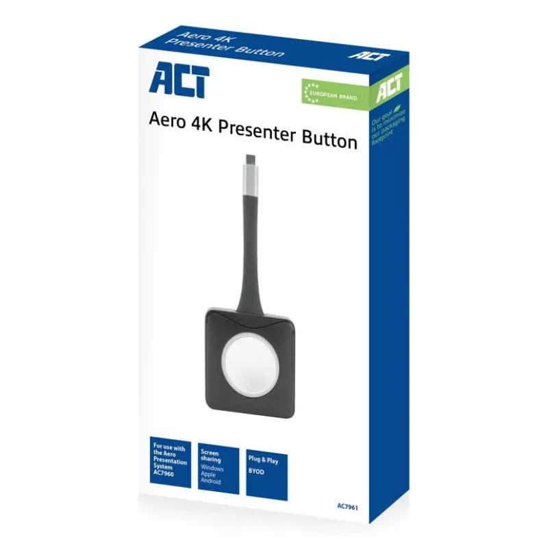 ACT Aero 4K prezentācijas poga, melna, 1 gab., 3840 x 2160, Aero 4K bezvadu prezentācijas sistēma, 0 - 40 °C