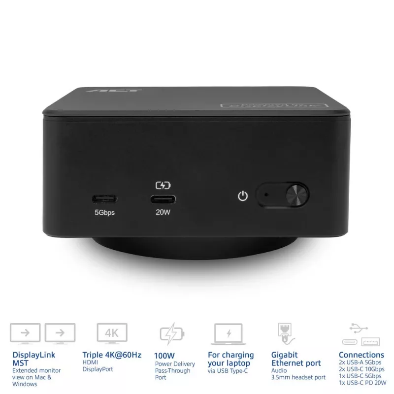 ACT Universālā USB-C Dockinga stacija AC7148, 3x 4K monitors, DisplayLink