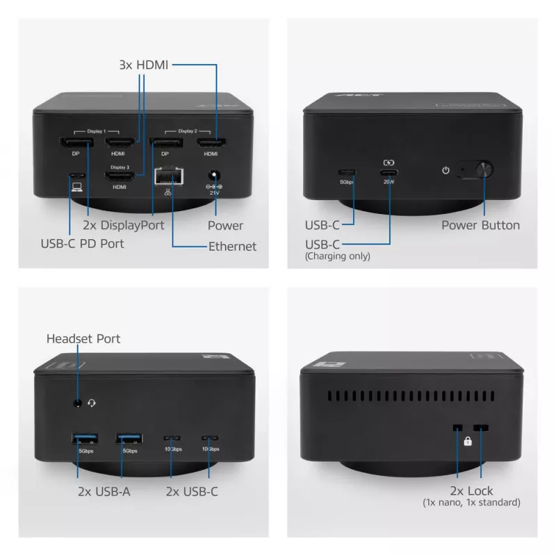 ACT Universālā USB-C Dockinga stacija AC7148, 3x 4K monitors, DisplayLink