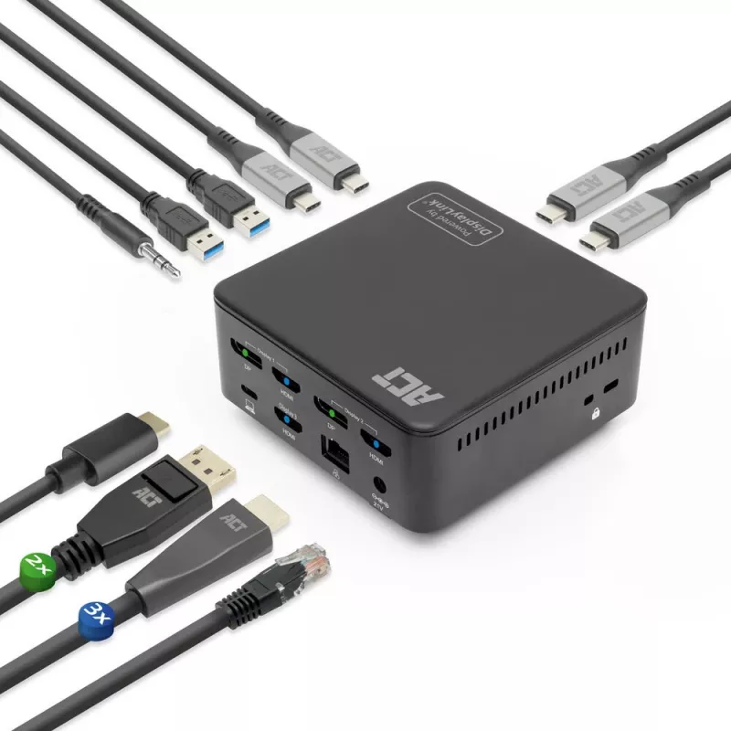 ACT Universālā USB-C Dockinga stacija AC7148, 3x 4K monitors, DisplayLink