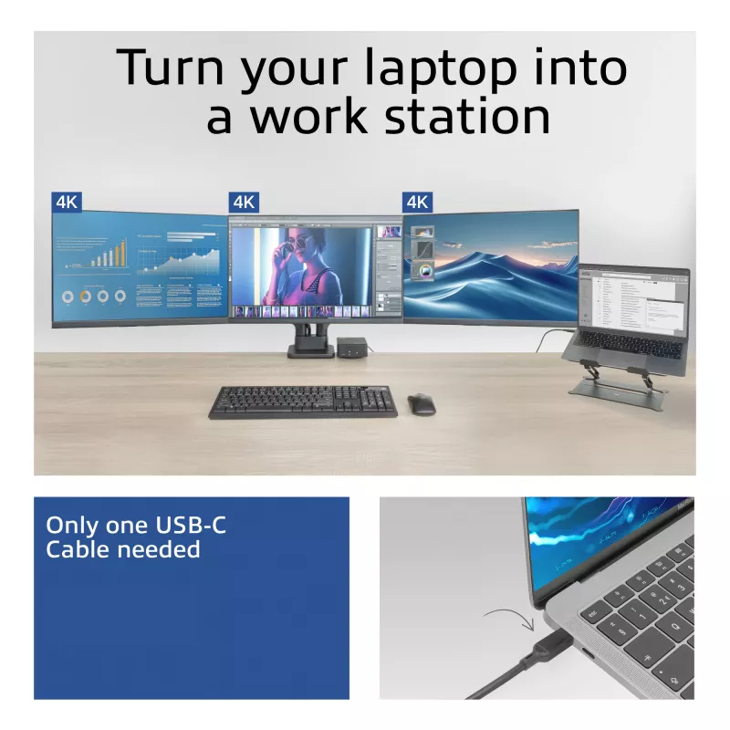 ACT Universālā USB-C Dockinga stacija AC7148, 3x 4K monitors, DisplayLink