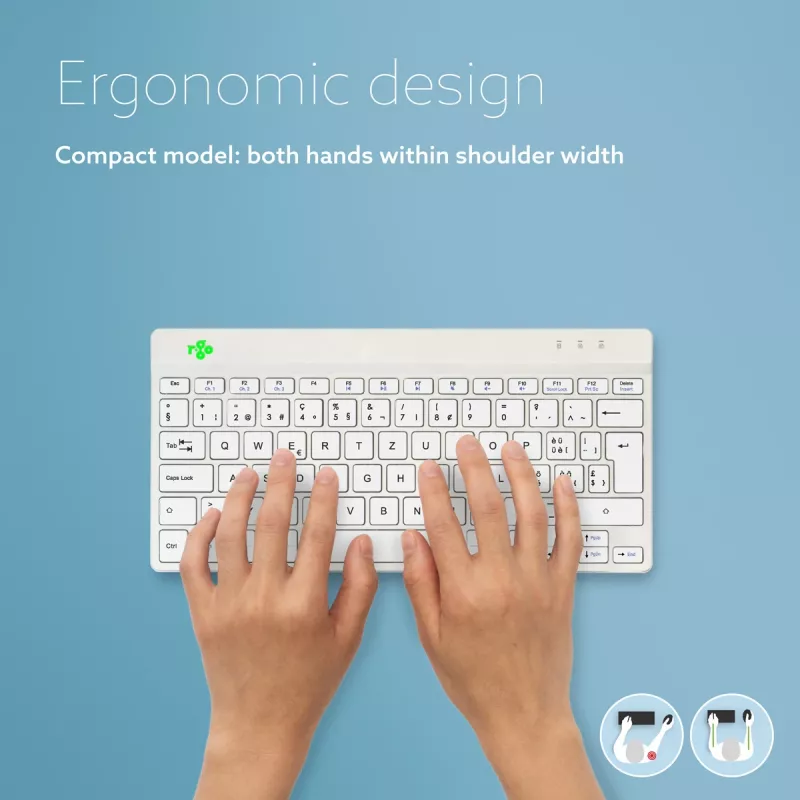 R-Go Tools ergonomiskā tastatūra R-Go Compact Break, kompakta tastatūra ar pārtraukuma programmatūru, QWERTZ (CH), Bluetooth, balta
