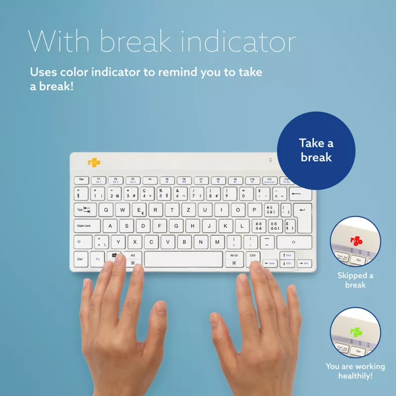 R-Go Tools ergonomiskā tastatūra R-Go Compact Break, kompakta tastatūra ar pārtraukuma programmatūru, QWERTZ (CH), Bluetooth, balta