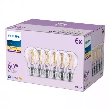 Philips Filament Spuldze Caurspīdīga 60 W A60 E27 x6, 7 W, 60 W, E27, 806 lm, 15000 h
