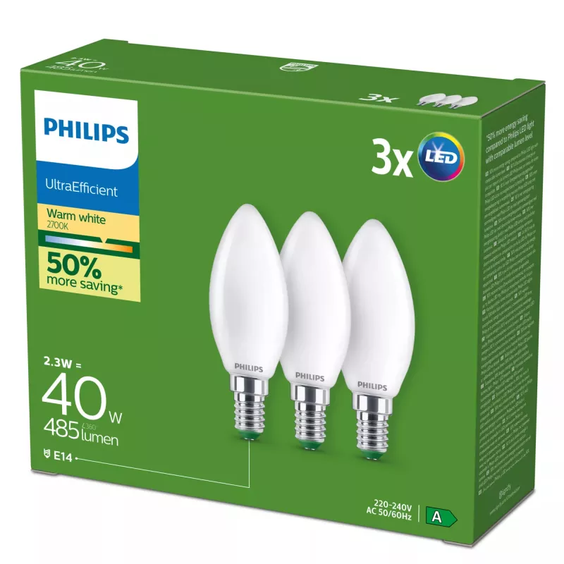 Philips LED spuldze 2.3 W E14 silta balta 485 lm 300° CRI 80 50 000 h