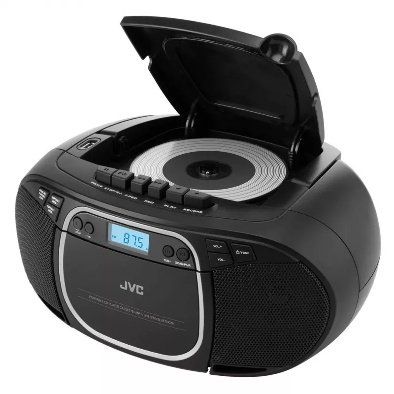 Portatīvais CD atskaņotājs JVC RC-E451B Melns — CD/MP3, Bluetooth, FM 87.5–108 MHz, USB, AUX, 3.2W RMS