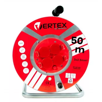 Pagarinātājs VERTEX PB50METAL 50 m 3x2,5 mm² 3000 W, 4x E/F kontaktligzdas, IP44, F tipa kontaktdakša, ieslēgšanas/izslēgšanas slēdzis