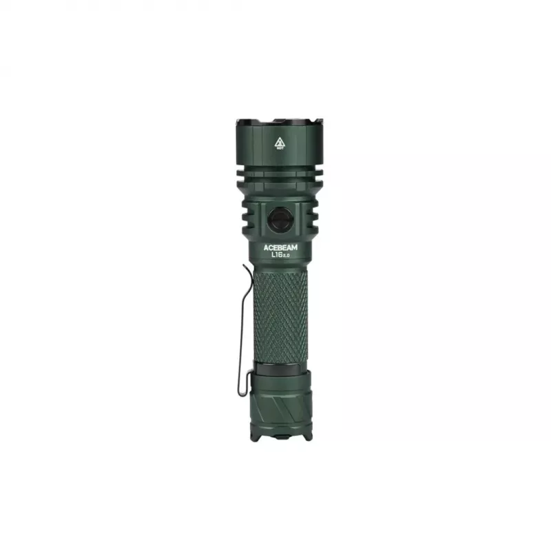 AceBeam L16 2.0 Green rokas lukturis — uzlādējams 21700 Li‑Ion, 5000 mAh, līdz 2100 lm, IP68, 7 līmeņi