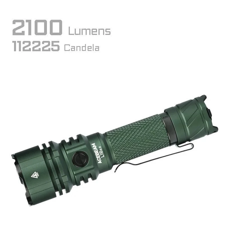 AceBeam L16 2.0 Green rokas lukturis — uzlādējams 21700 Li‑Ion, 5000 mAh, līdz 2100 lm, IP68, 7 līmeņi