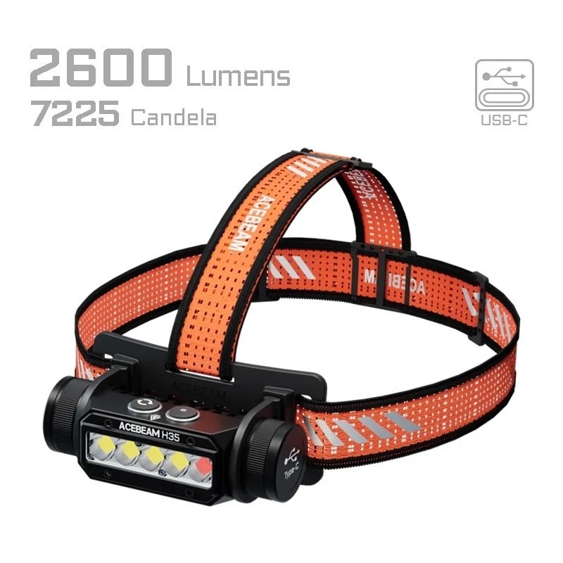 Galvaslampa AceBeam H35 LED — 2600 lm, 170 m, IP68, 18650 3800 mAh, 216 h