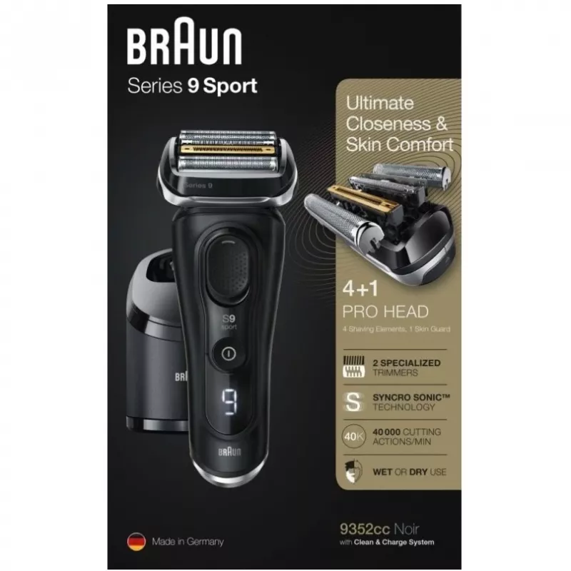 Braun Series 9 9352cc Sport Skūšanās Mašīna Ar Trimmeri, Melna Pelēka