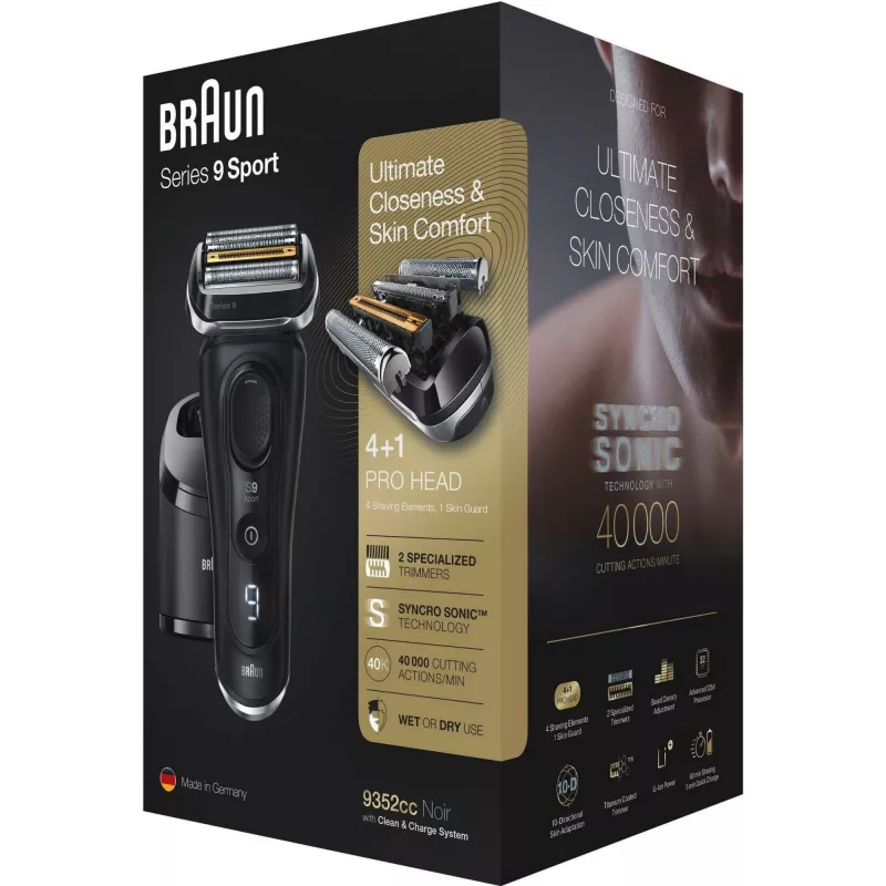 Braun Series 9 9352cc Sport Skūšanās Mašīna Ar Trimmeri, Melna Pelēka