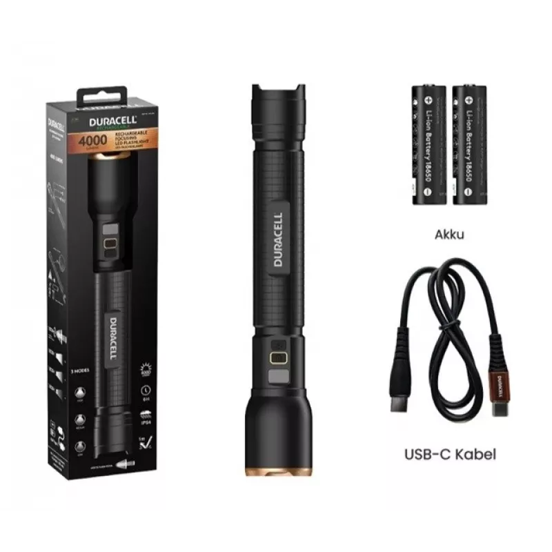 Kabatas lukturītis Duracell DF4000R melns – atkārtoti uzlādējams, kompakts