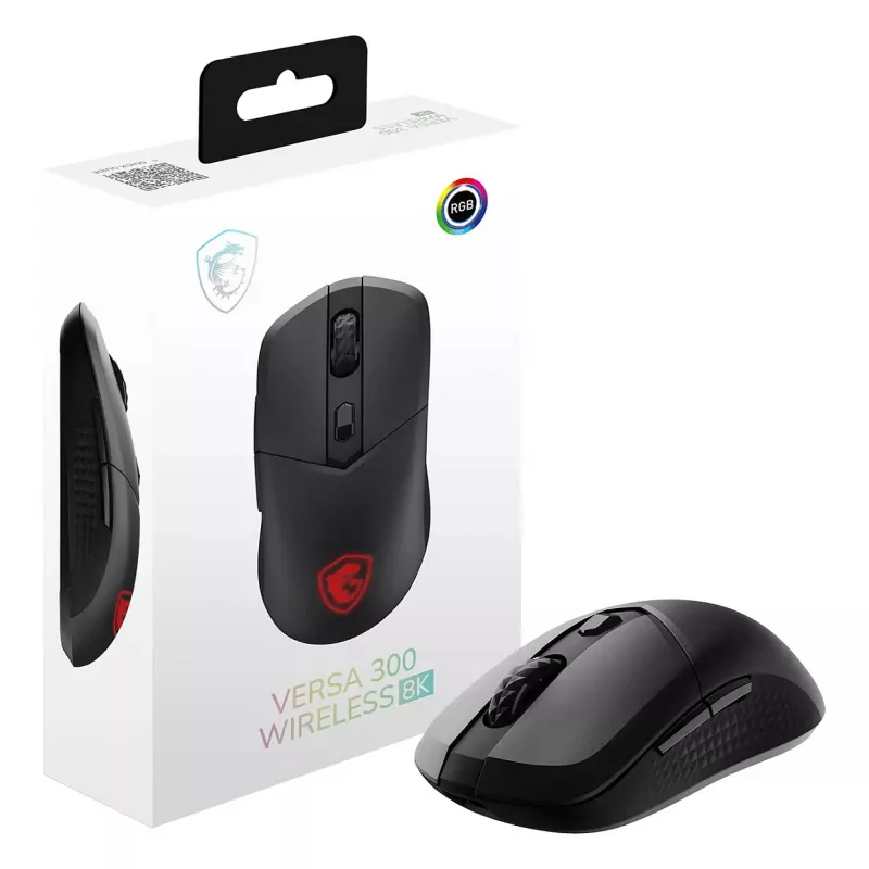 MSI VERSA 300 WIRELESS 8K Gaming Pele, Ambidekstrāla, Optiskā, 2600 DPI, 6 Pogas, Melna