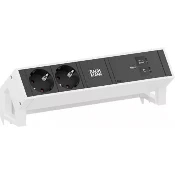 Strāvas sloksne Bachmann DESK2 ar 2x CEE 7/3 kontaktligzdām un 1x USB-C PD 100W, kabelis 0,2 m, RAL9010