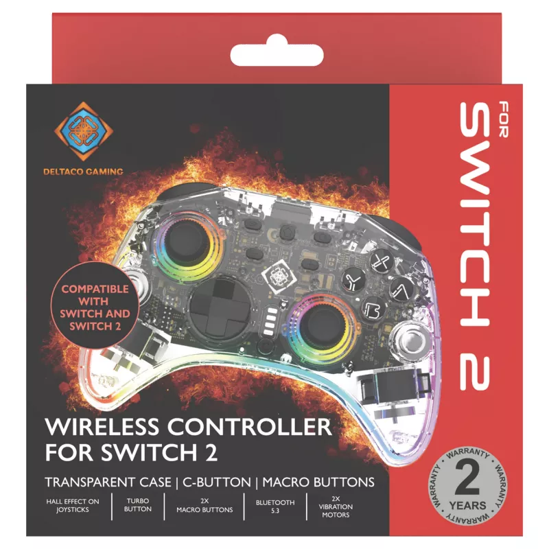 Spēļu kontrolieris Deltaco Gaming GAM-198-T Caurspīdīgs Bluetooth/USB-C Nintendo Switch, Switch 2, Switch OLED, Android, PC