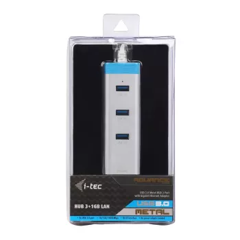 USB 3.0 centrmezgls ar Gigabit Ethernet ITEC U3GLAN3HUB — 3 portu metāla centrmezgls, VIA VL812 + Realtek RTL8153, sudrabs