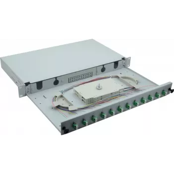 Helos 375552 19" optiskās šķiedras savienojumu kārba, 12x LC/APC Duplex OS2, gatava metināšanai, pelēka
