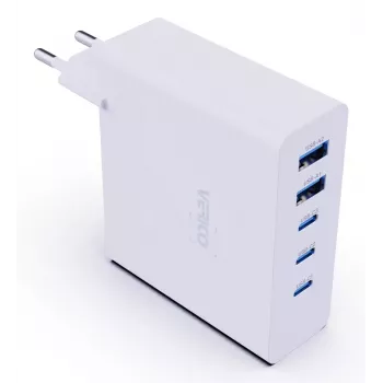 Verico MOJO GaN 140W daudzportu USB-C un USB-A ātrais lādētājs klēpjdatoriem, viedtālruņiem un planšetdatoriem, balts